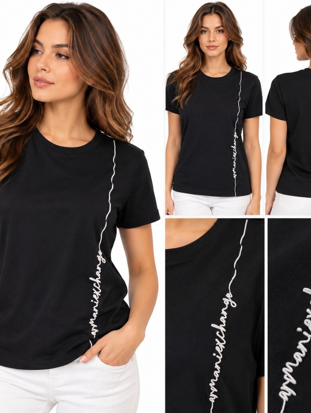Armani Exchange Black T-Shirt with White Script Detail